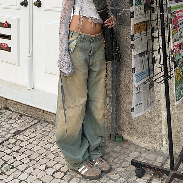 Retro Worn Looking Washed out Low Waist Loose Pockets Stitching Edging Jeans Street Snap Straight Casual Pants