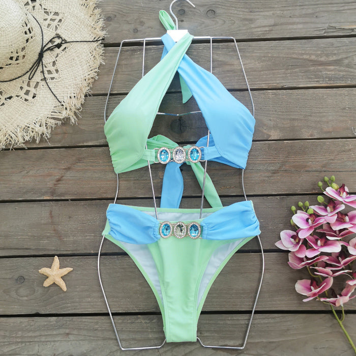 Solid Color Cross Lace Up Cutout Split Swimsuit Women Diamond Bikini Bikini