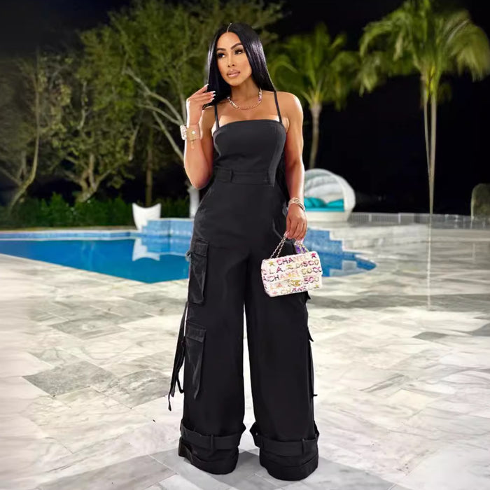 Women Clothing Sexy Tube Top Multi Pocket Workwear Jumpsuit Wide Leg Jumpsuit