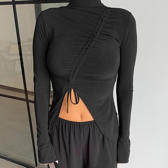 Half Turtleneck Collar Long Sleeve Irregular Asymmetric Design Drawstring Women Clothing