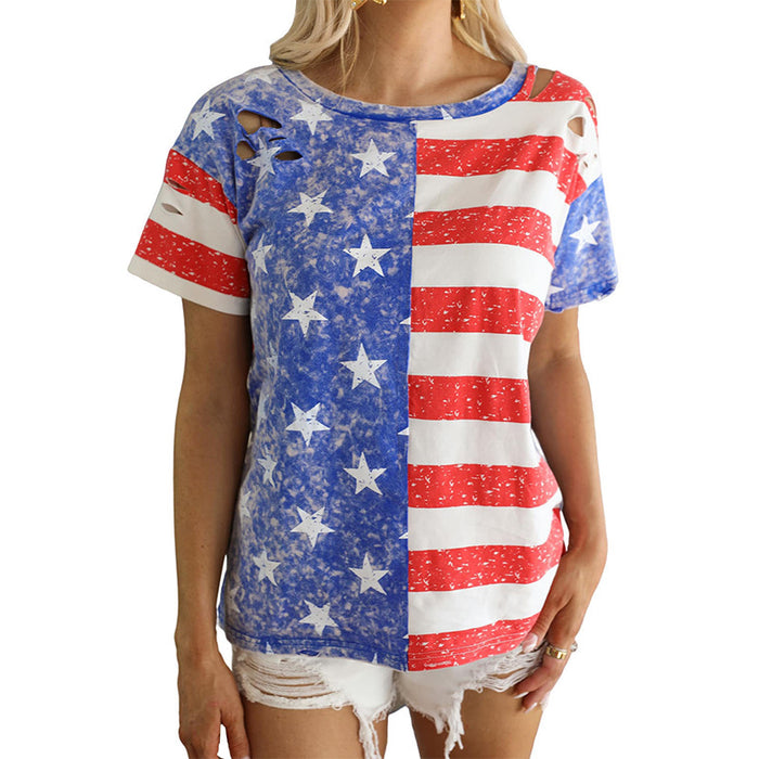 Independence Day Printed Short Sleeved Top Women Summer Loose Round Neck Ripped Hollow Out Cutout Out Pullover T Shirt