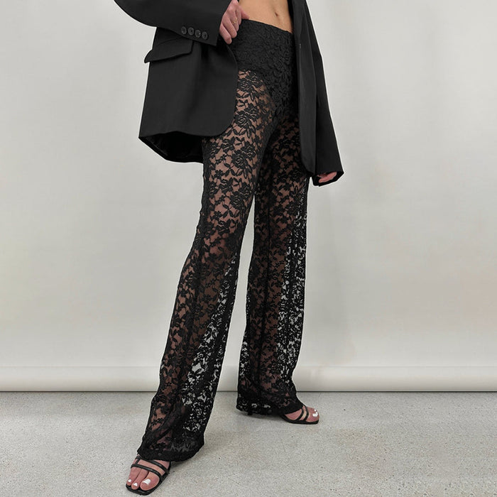 Summer Sexy All Matching Lace See through High Waist Stitching Long Straight Leg Pants