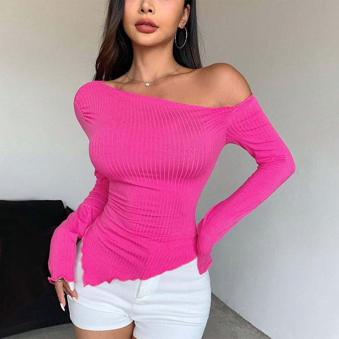 Women Clothing Sexy Rose Red T shirt Autumn Winter Sweet Spicy One Shoulder Cold Shoulder Long Sleeve Short Top