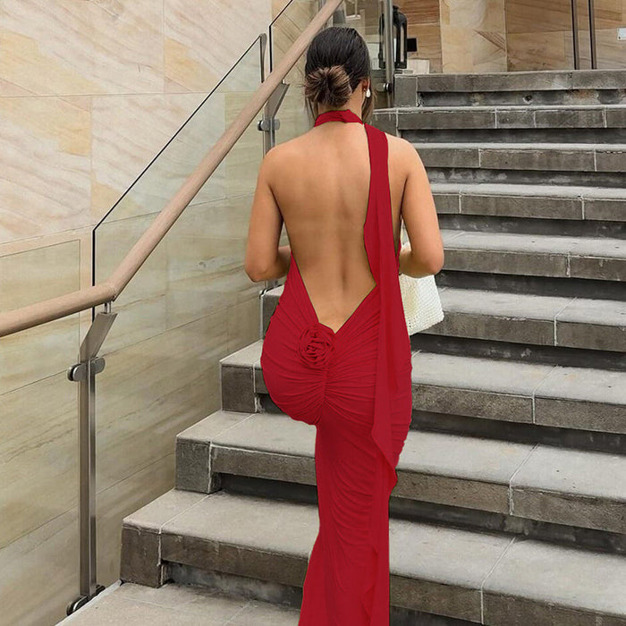 Summer Women Clothing French Sexy Big Backless Maxi Dress Sexy Slim Halter Dress