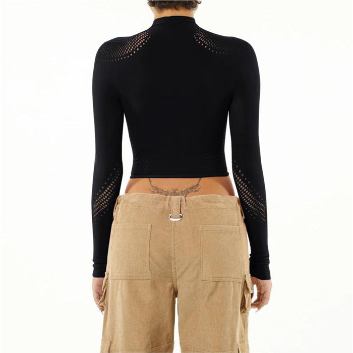 Solid Color Half Collar Sexy Slim Fit High Waist Cropped Hollow Out Cutout Out One Piece Knitted Top