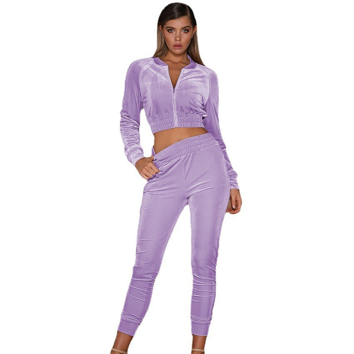 Women Autumn Winter Solid Color Zipper Sweater Ankle-Tied Sports Trousers Two-Piece Suit Women