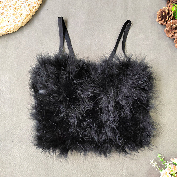 Ostrich Feather Stitching Leather Spaghetti Straps Outerwear Short Elegant Faux Leather Feather Tube Top Vest Slim Vest