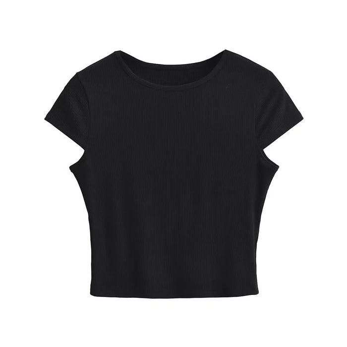 Basic round Neck T shirt Women Summer Stretch Slim Fit Cropped High Waist Short Sleeve Top