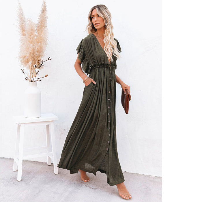 Beach Cover up Slubbed Fabric Button Draw Waist Strap Maxi Dress Sun Protection Shirt