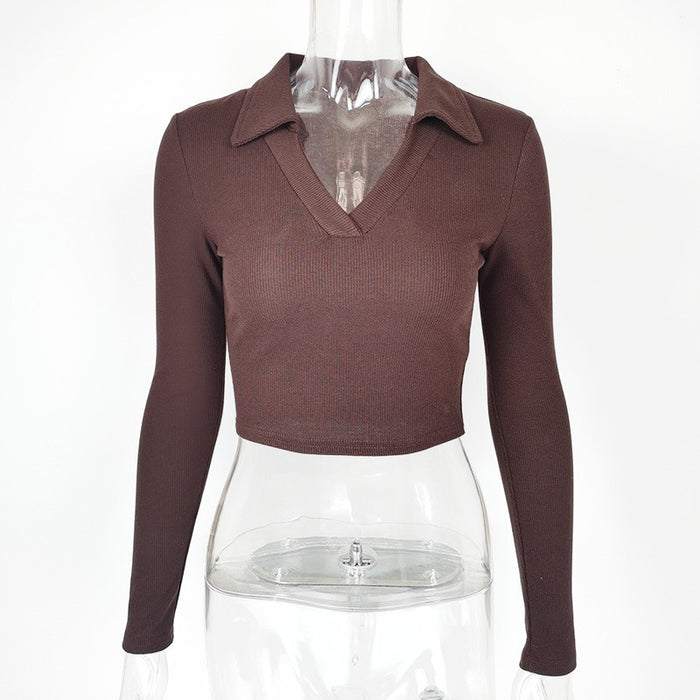 Winter Women Sexy Cropped Sexy Polo Collar Long Sleeve Cotton Knitted Bottoming Shirt