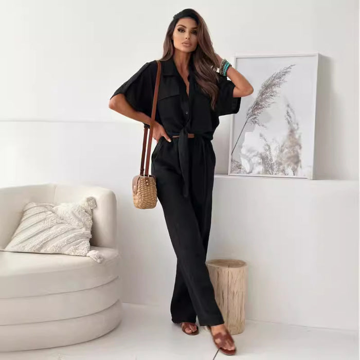 Women Clothing Women Clothing Supply Solid Color Half Sleeve Trousers Suit