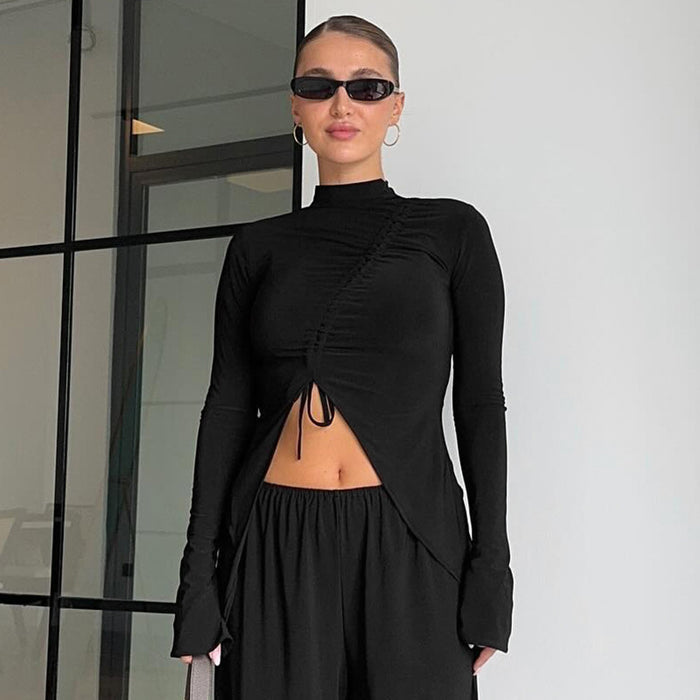 Half Turtleneck Collar Long Sleeve Irregular Asymmetric Design Drawstring Women Clothing