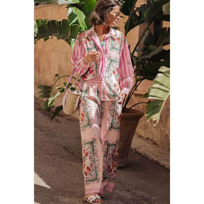 Spring Autumn Long Sleeved Casual Vacation Two Piece Set Loose Printed Pocket Two Piece Set