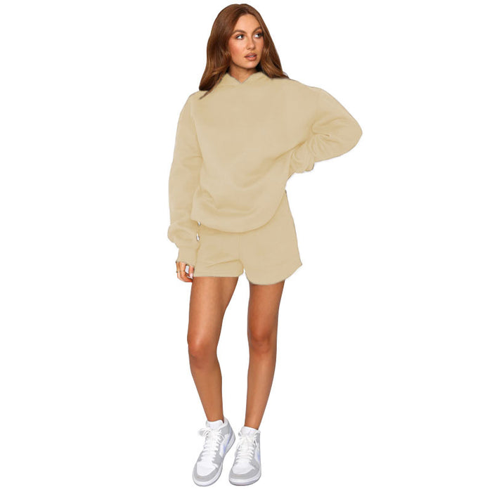 Autumn Winter Solid Color Hooded Pullover Long Sleeve Sweaters Women Clothing Shorts Suit