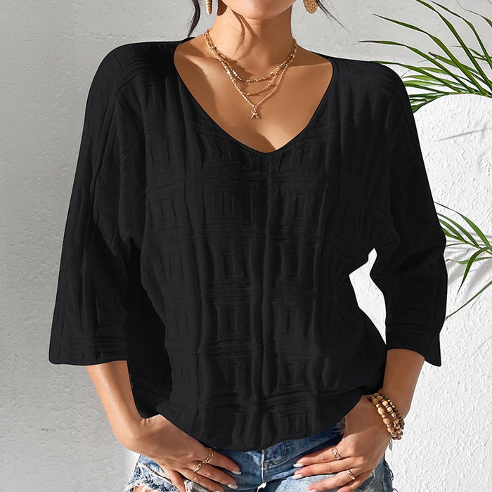 Solid Color Pullover V neck Knitwear Simple Loose Knitted T shirt Three Quarter Sleeve Thin Casual Top