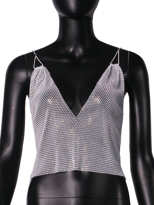 Grid Rhinestone Sexy Suspenders Slim Top Vest Women