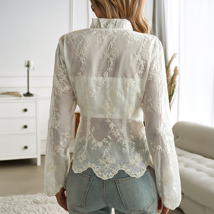 Autumn Winter Top Women Cardigan Embroidered V Neck Long Sleeve Lace Shirt