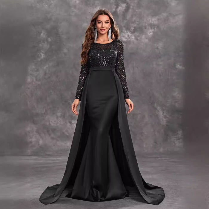 Women Prom Party Dress Sequined Long Sleeve Round Neck Sexy Elegant Black Formal Dress