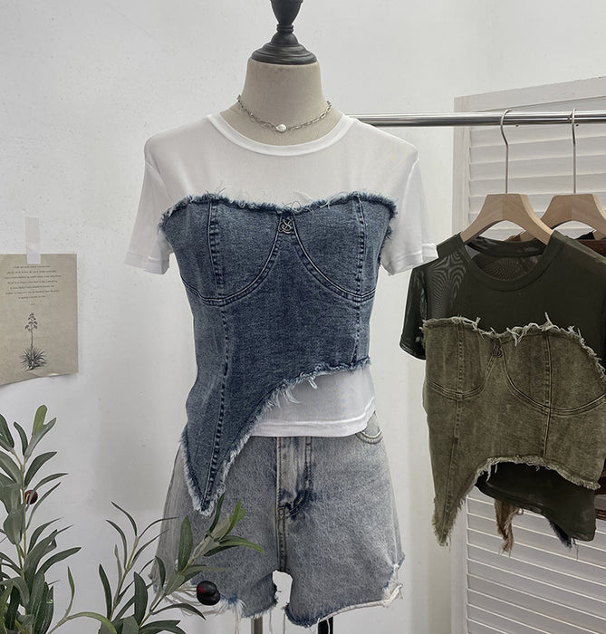 Denim Stitching Mesh Short Sleeve T Shirt Summer Fashionable Irregular Asymmetric Short High Waist Slim Top