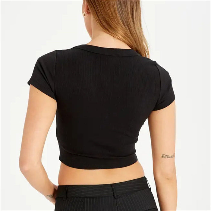 Spring Summer Sexy Short U Neck T shirt Women Cotton Rib Cropped Top Women Short Sleeve Slim Fit Slimming