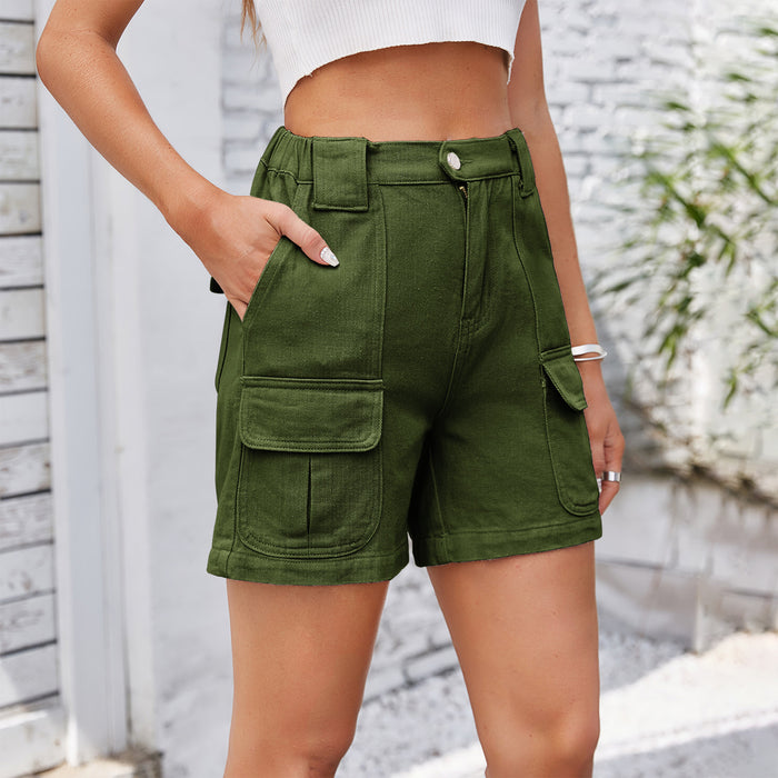 Women Clothing Summer Washed Elastic Waist Tooling Denim Shorts