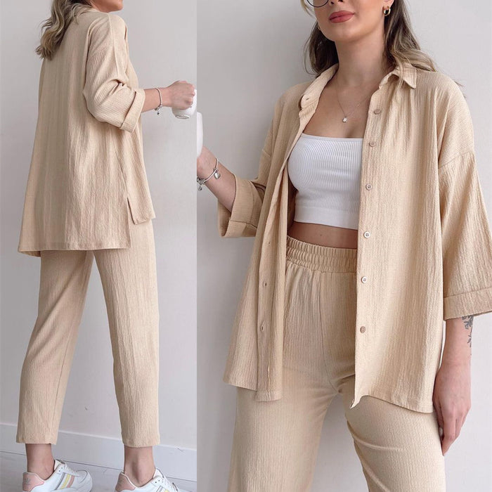 Casual Autumn Shirt High Waist Elastic Pants Women Two Piece Set