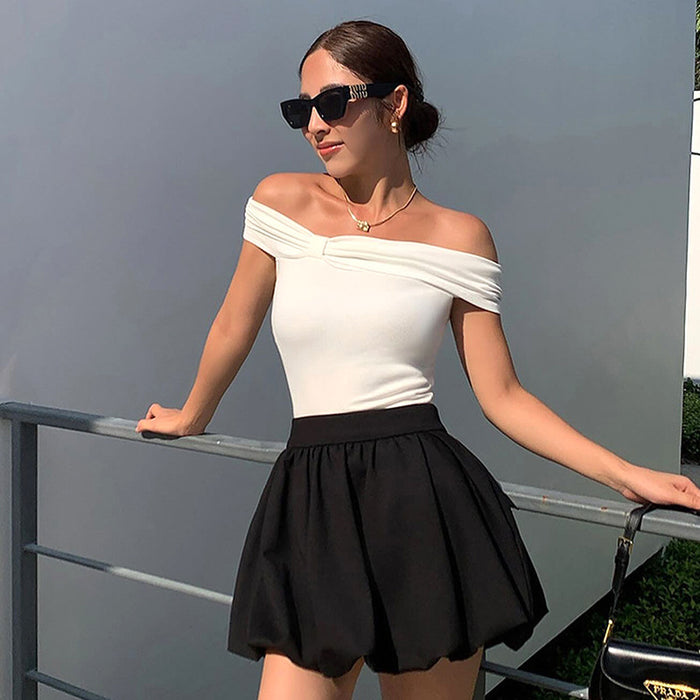 Office Simple Solid Color off Neck Reverse Slim Fit Slimming Top Women All Match