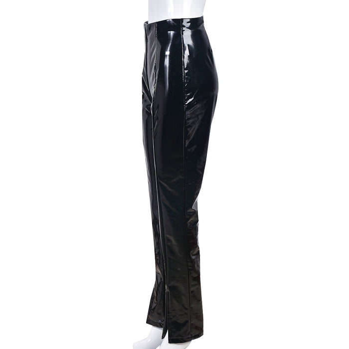 Spring Bright Faux Leather Personality Tight Split Trousers Casual Pants