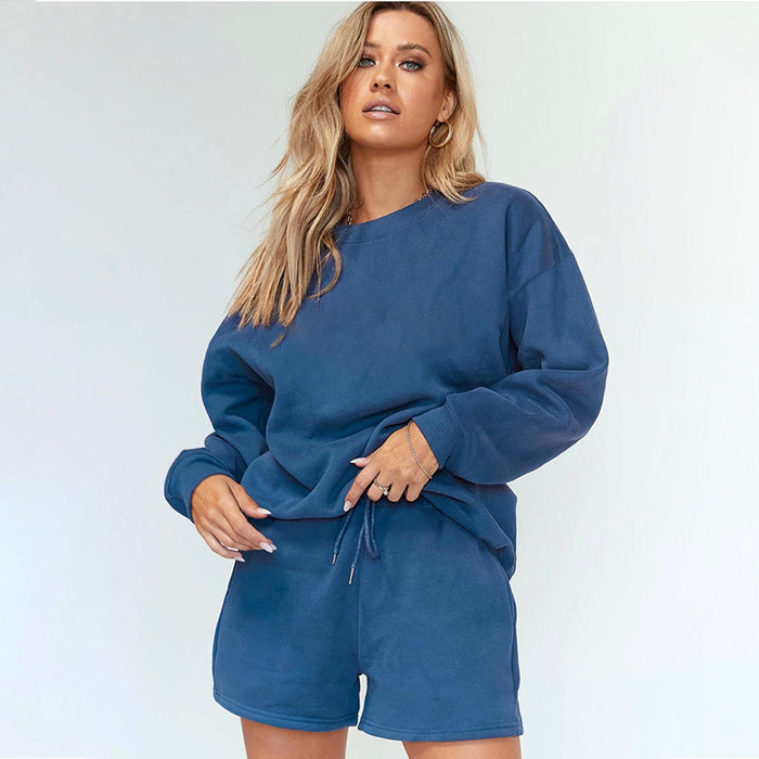 Solid Color Rib round-Neck Women Clothing Brushed Hoody Side Pocket Shorts Casual Suit