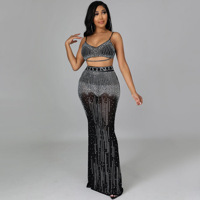 Sexy Women Wear Nightclub Party Mesh See through Camisole Maxi Dress Two Piece Set