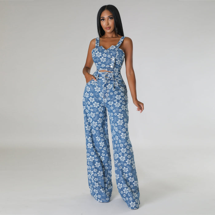 Autumn Winter Women Clothing Denim Jacquard Suit Nightclub Wrapped Top Wide Leg Pants Suit