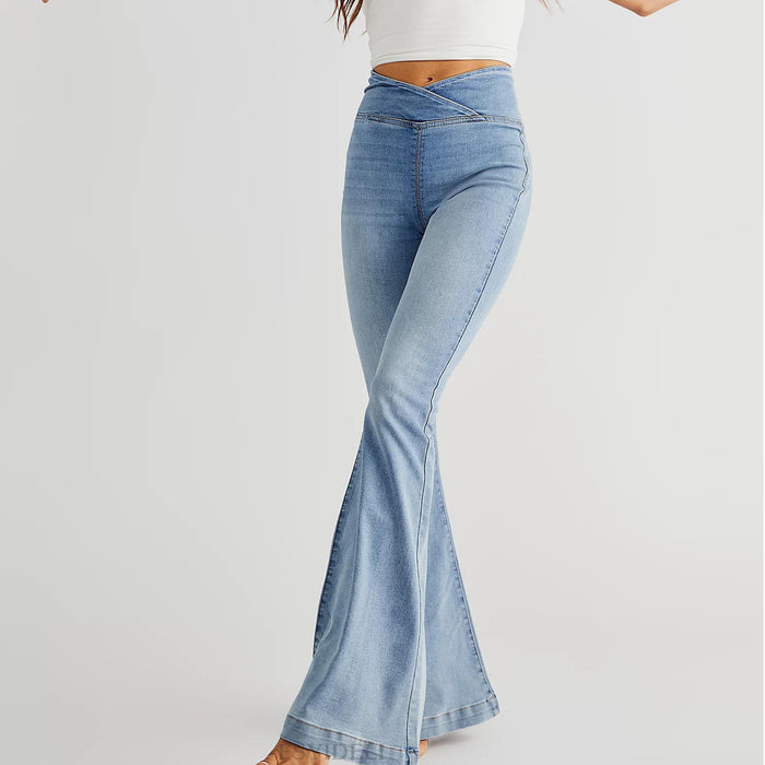 Spring Autumn Irregular Asymmetric Jeans Women High Waist Slim Slim Flare Pants Trousers