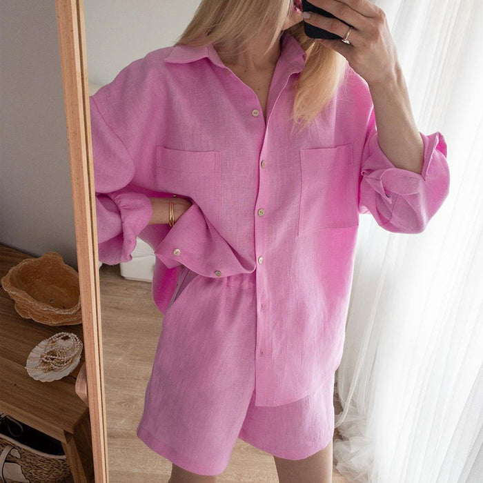 Women Clothing All-Match Shirt Elastic Waist Shorts Two-Piece Suit