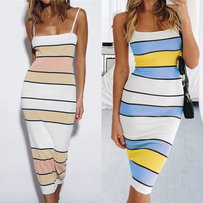 Summer Dress Sexy Strap Contrast Color Striped Sleeveless Tight Dress