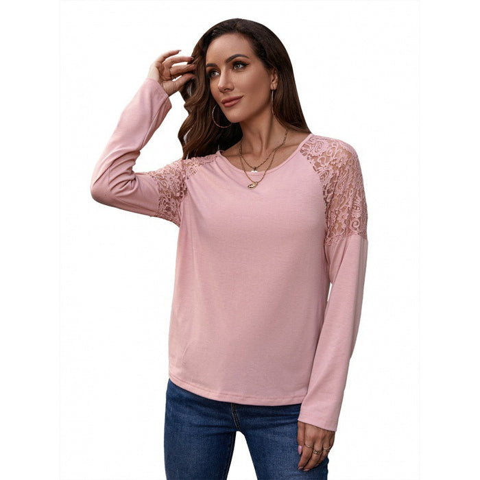 Lace Patchwork round Neck Long-Sleeved T-shirt Hollowed Casual Loose Bottoming Shirt Top for Women