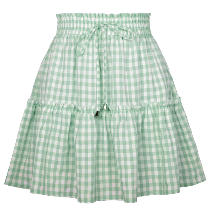 Popular Women Pleating Plaid Printed Skirt High Waist Elastic Retro Plaid Skirt