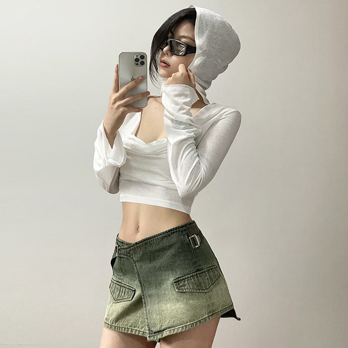 Summer Women Clothing Sexy Solid Color Pleating Hooded Slim Fit Waist Exposed Cropped Sun Protective Clothing