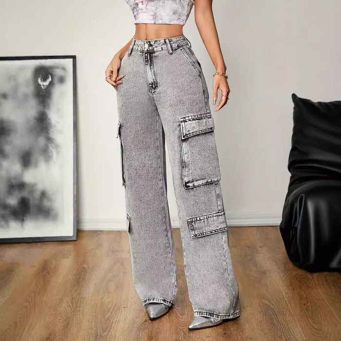 Women Clothing Jeans Women Summer Straight High Waist Slimming Loose Pockets Casual