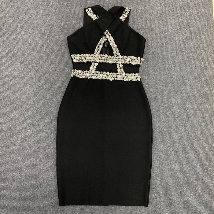 Sexy Cross Hollow Out Cutout Handmade Rhinestone Bandage One Piece Dress Party Gathering Dress