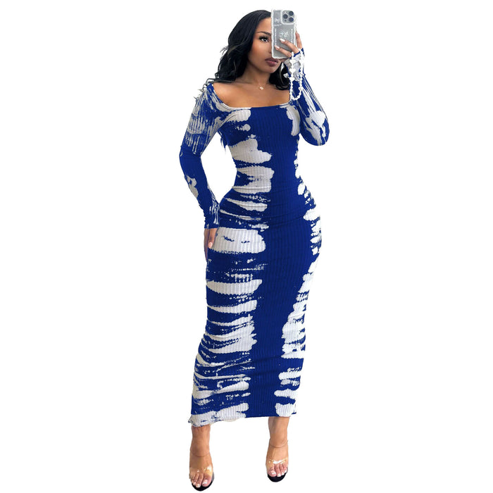 Women Sexy Elastic Hip Back Slit Printed Bodycon Dress