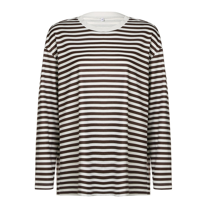 Street Retro Contrast Color Striped Basic Loose T Shirt Autumn Sexy Thin Round Neck Long Sleeve