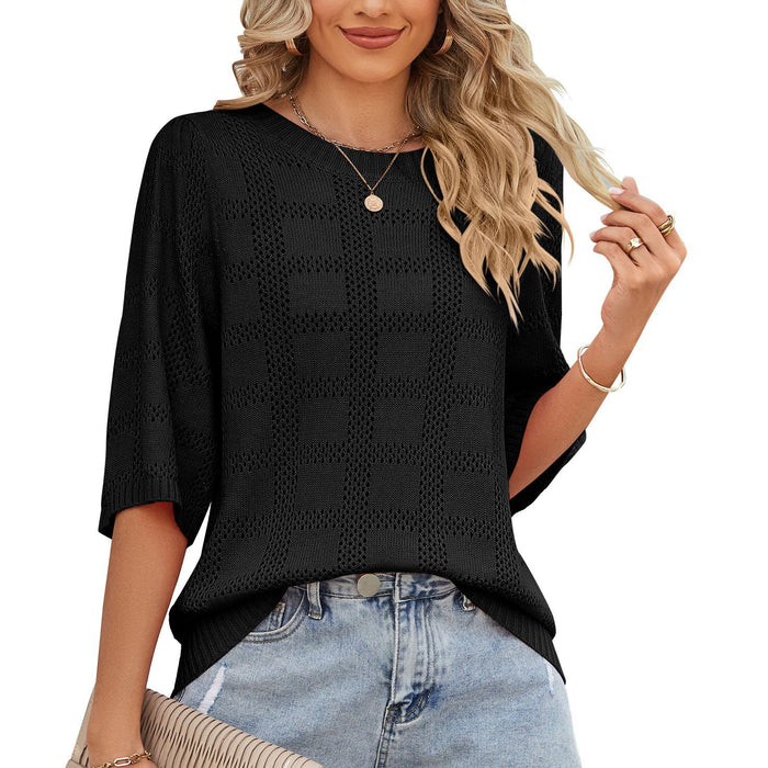 Summer Women Clothing Women ound Neck Hollow Out Sun Protection Clothing Knitted Sweater Blouse