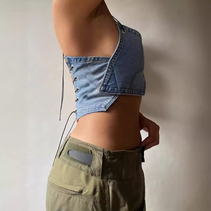 Sexy Spring Summer Special Interest Design Sleeveless Denim Bandeau Sling Street Blue Vest