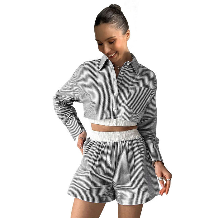 Striped Shirt Long Sleeve Ladies Two Piece Set Casual Elastic Waist Shorts Suit Summer