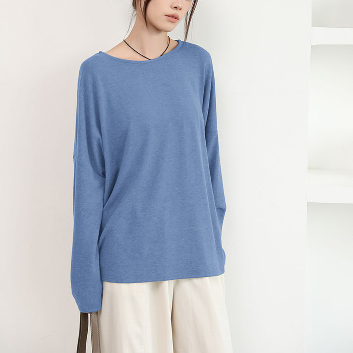 Japanese Korean Early Autumn Women T shirt High Grade Loose Solid Color round Neck Drop Shoulder Lazy Casual Long Sleeved Top