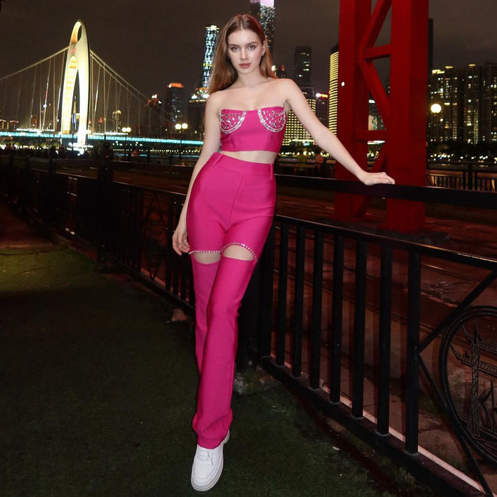 Summer Tube Top Suit High Grade Sexy Rhinestone Hollow Out Cutout Sheath Bandage Trousers Two Piece Set