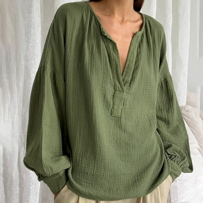 French Bubble Crepe Lantern Sleeve Loose Casual Shirt Autumn Arrival Top Women