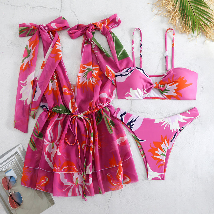 Bikini Tulle Skirt Three Piece Printed Split Swimsuit Women Bikini