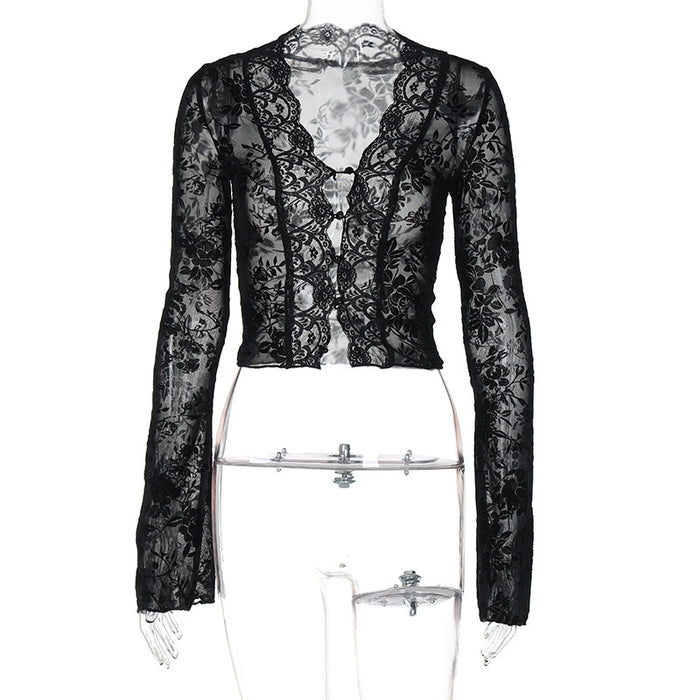 Women Clothing Summer Printed Sexy Mesh Lace Cardigan T Shirt