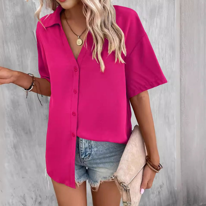 Women Clothing Women Solid Color Drop Shoulder Button Front Shirt Casual Short Sleeve Loose Top